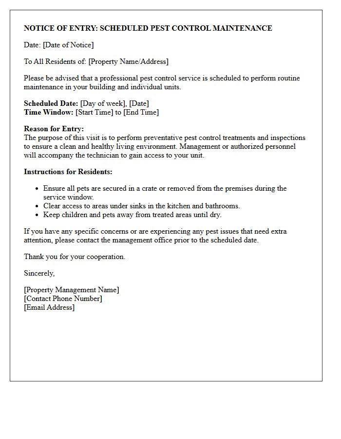 Scheduled Pest Control Maintenance Entry Letter