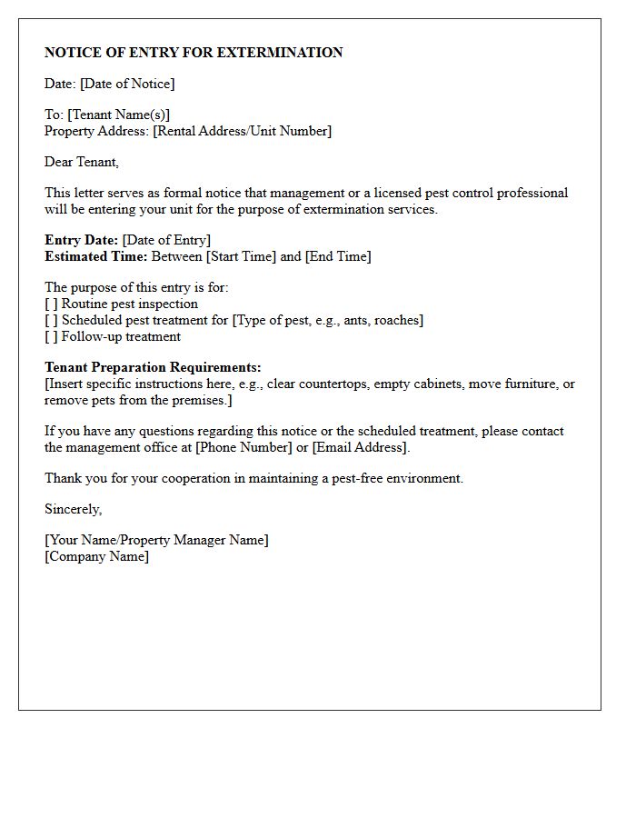 Tenant Notice of Entry for Extermination Letter