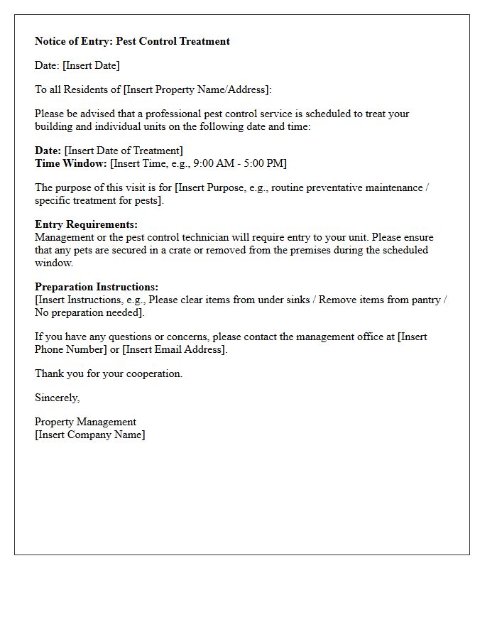 Upcoming Pest Treatment Entry Notification Letter