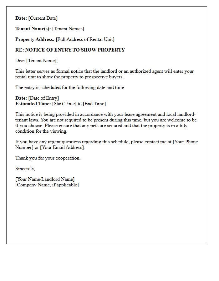 Notice Of Entry To Show Property To Prospective Buyers Letter