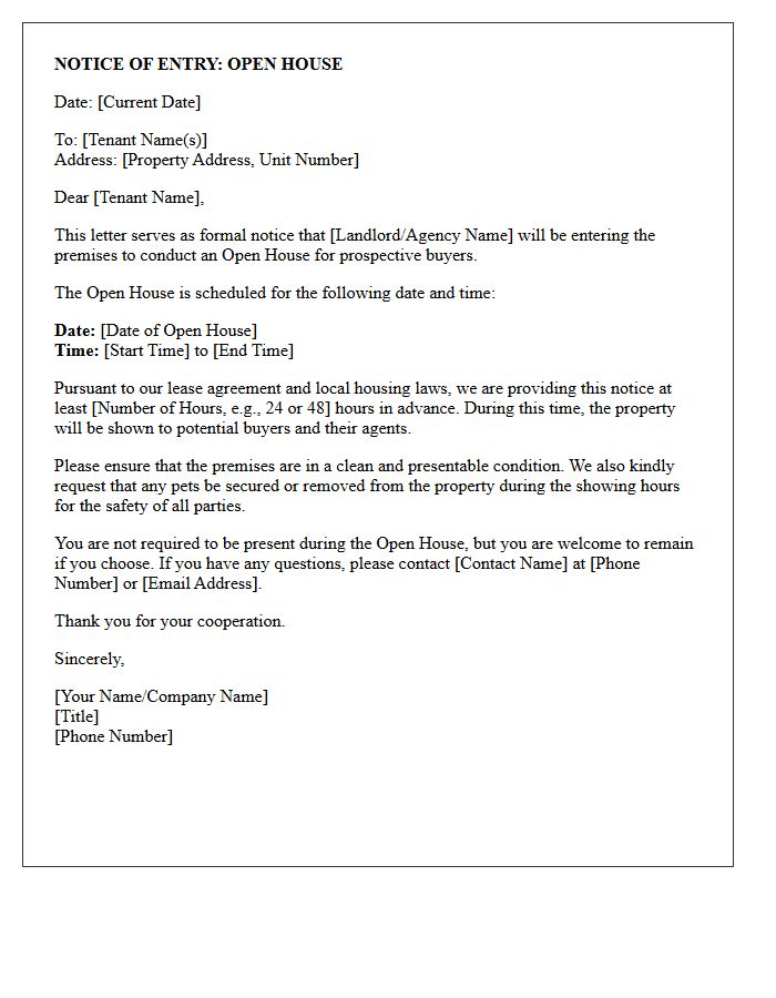 Open House Buyer Showing Notice Of Entry Letter