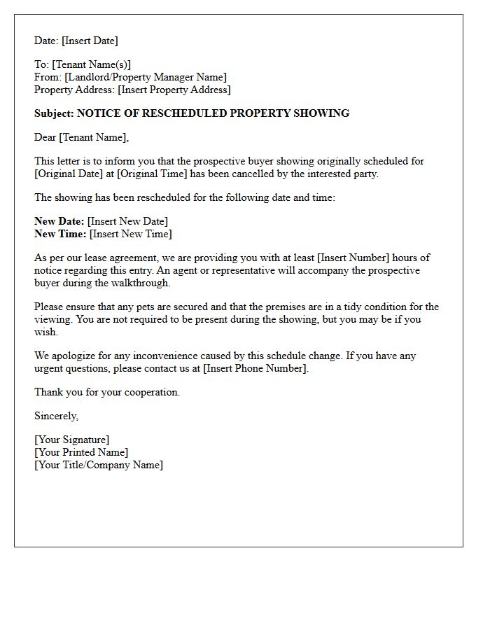 Rescheduled Prospective Buyer Showing Notice Letter