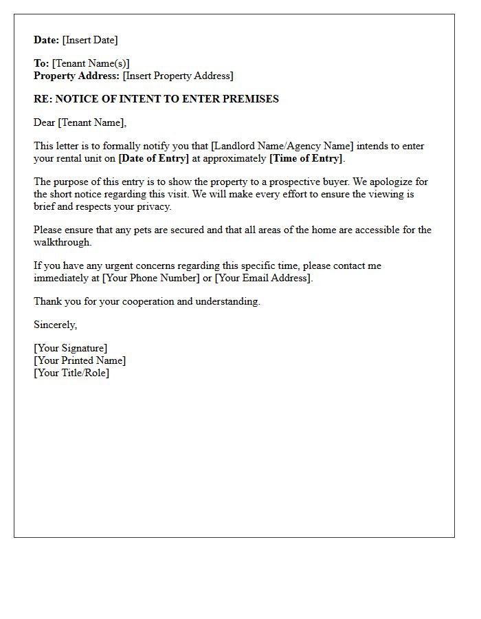 Short Notice Prospective Buyer Entry Letter