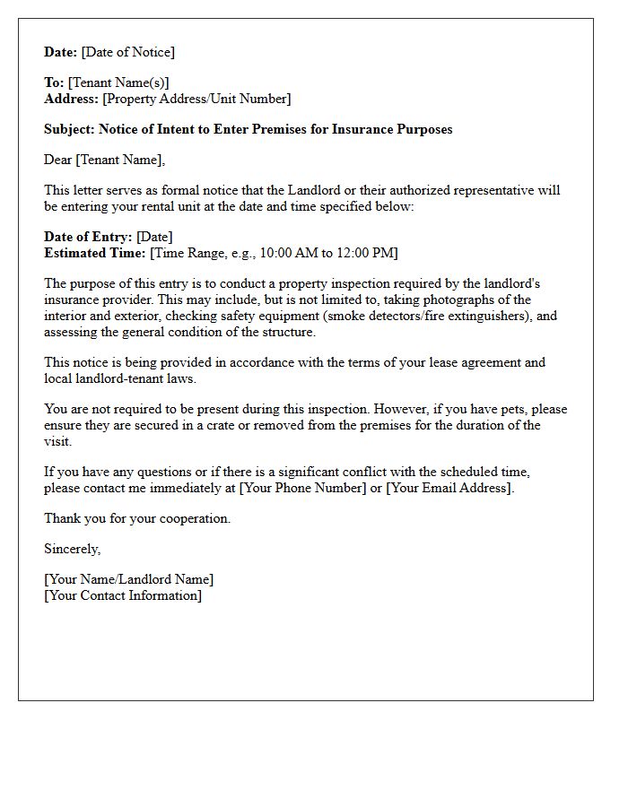 Landlord Notice of Entry for Insurance Purposes Letter