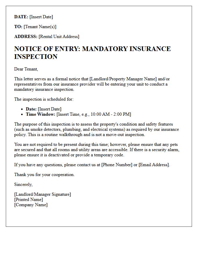 Mandatory Insurance Inspection Entry Notification Letter