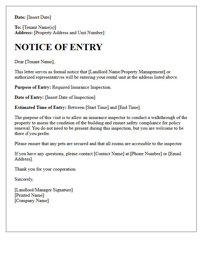 Notice of Entry for Insurance Inspection Letter