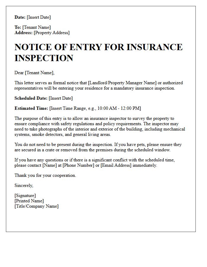 Residential Insurance Inspection Notice of Entry Letter
