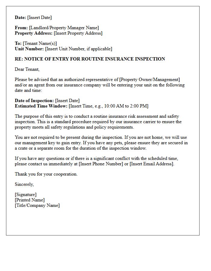Routine Insurance Inspection Notice of Entry Letter