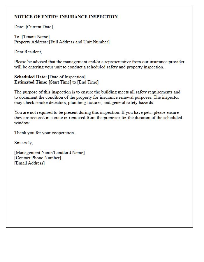 Scheduled Insurance Inspection Entry Notice Letter