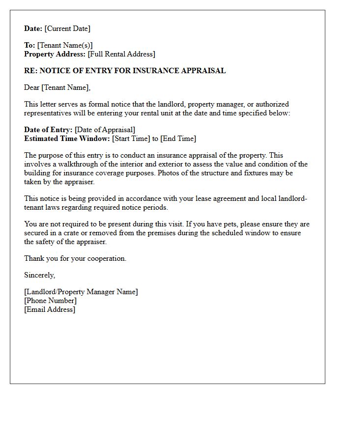 Tenant Notice of Entry for Insurance Appraisal Letter
