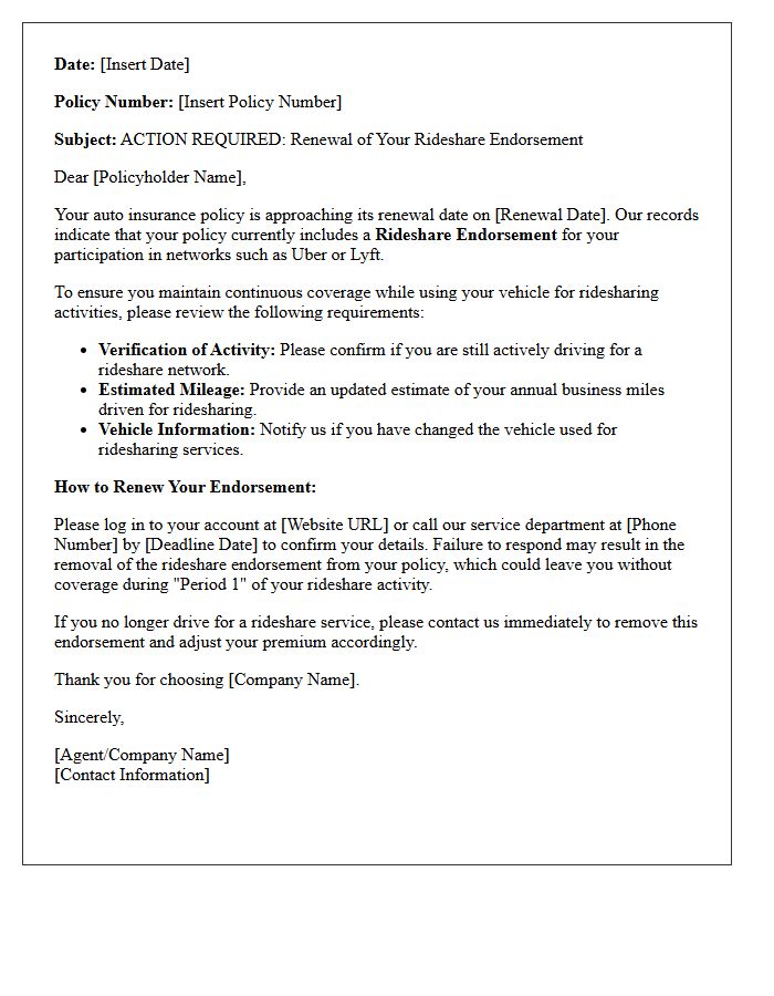 Action Required Auto Policy Renewal Rideshare Endorsement Letter