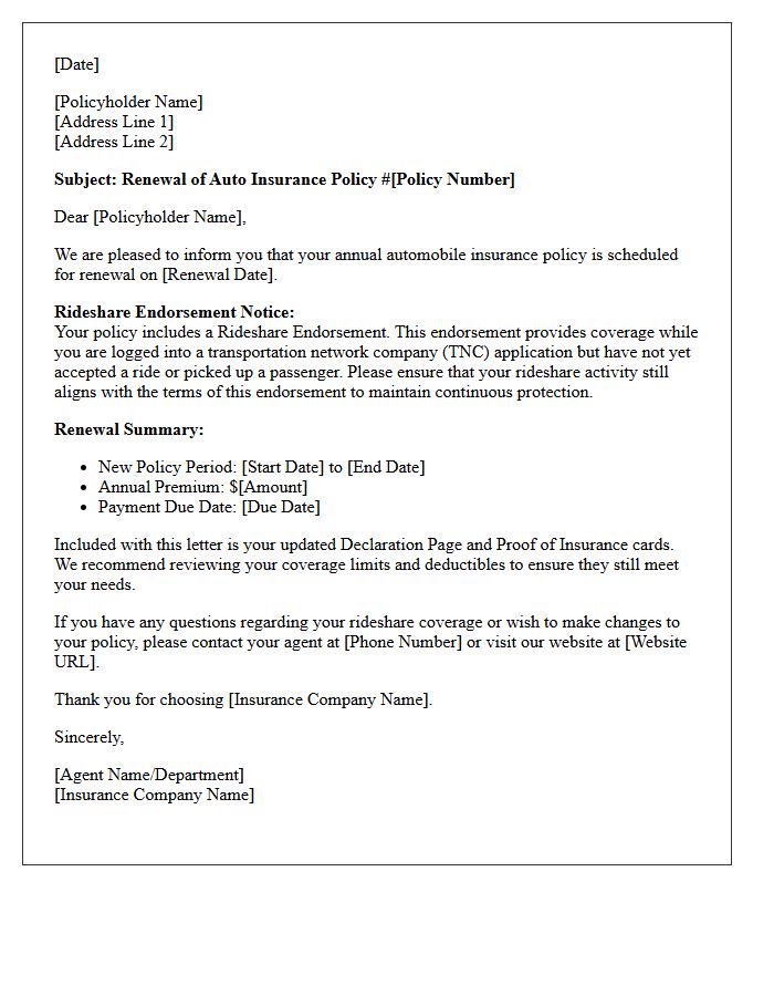 Annual Auto Policy Renewal with Rideshare Endorsement Letter