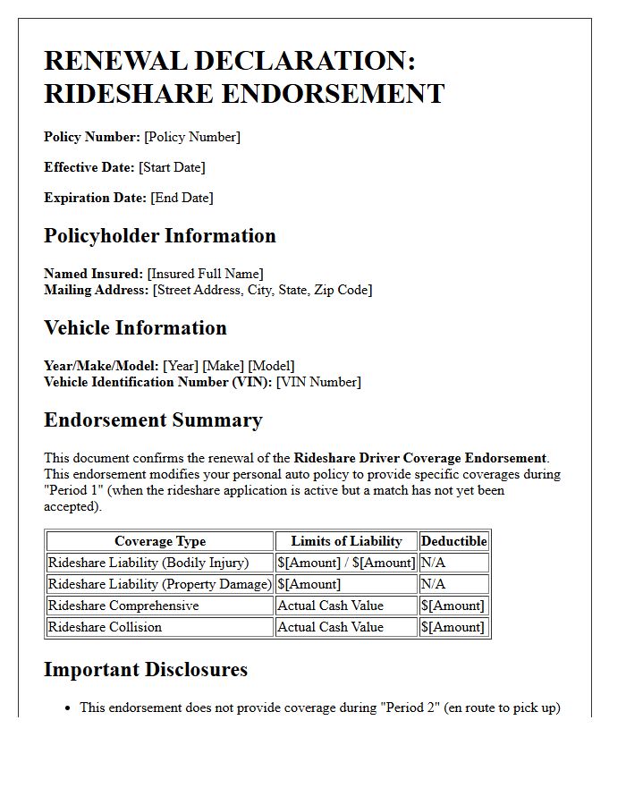 Auto Policy Renewal Rideshare Endorsement Declaration Letter