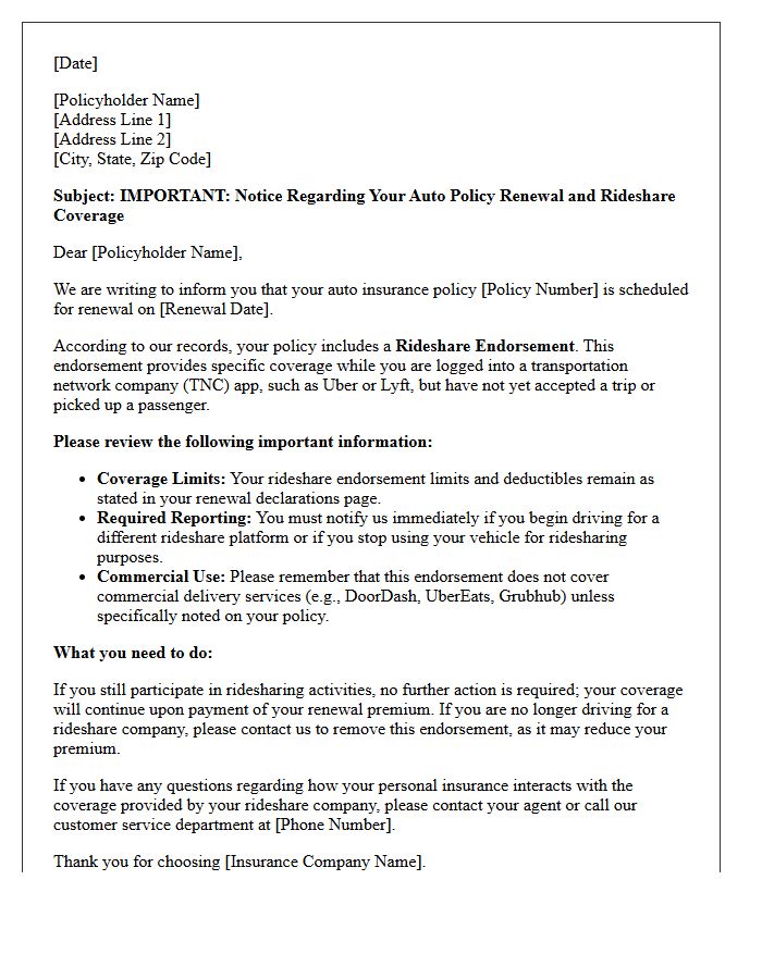 Important Auto Policy Renewal Rideshare Endorsement Letter