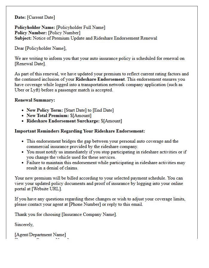 Premium Update Auto Policy Renewal Rideshare Endorsement Letter