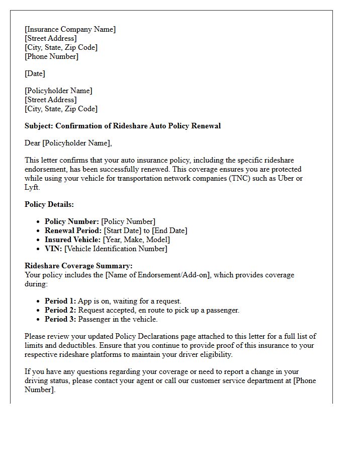 Rideshare Driver Auto Policy Renewal Confirmation Letter