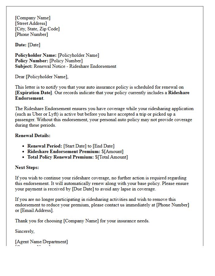 Rideshare Endorsement Auto Policy Renewal Notice Letter