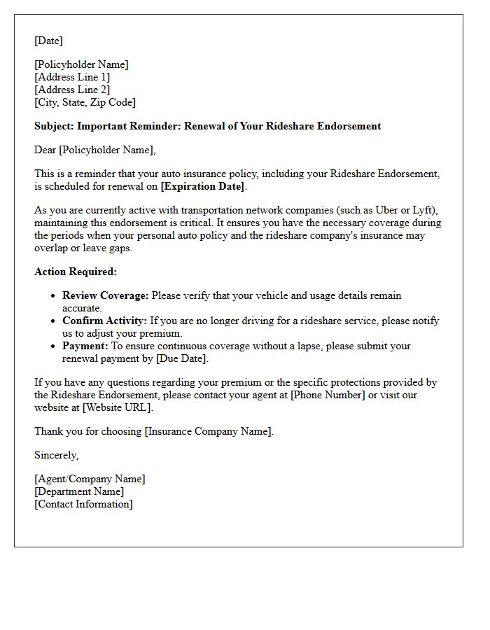 Rideshare Endorsement Auto Policy Renewal Reminder Letter