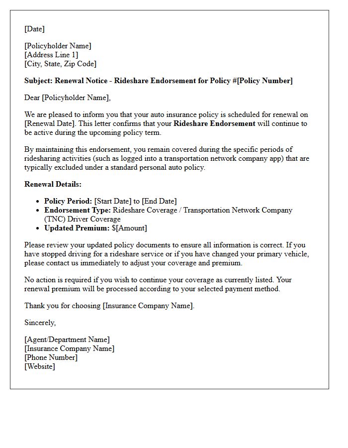 Rideshare Endorsement Continuation Auto Policy Renewal Letter