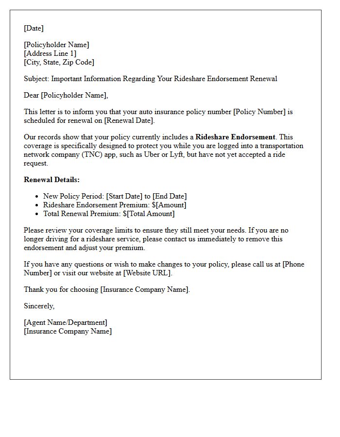 Rideshare Endorsement Coverage Auto Policy Renewal Letter