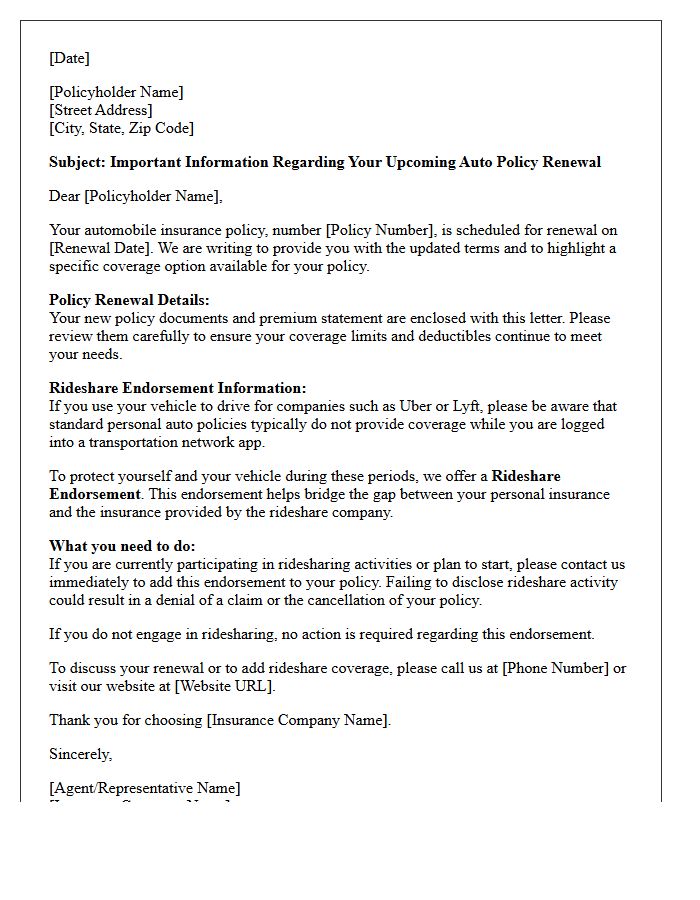 Upcoming Auto Policy Renewal and Rideshare Endorsement Letter
