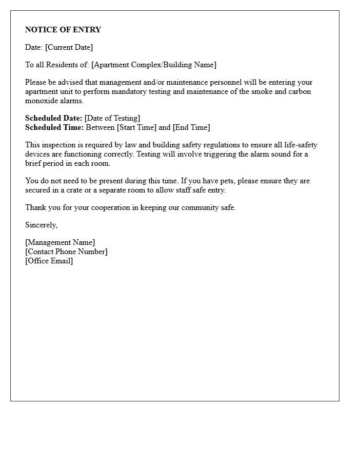 Apartment Access Letter for Smoke and Carbon Monoxide Alarm Testing