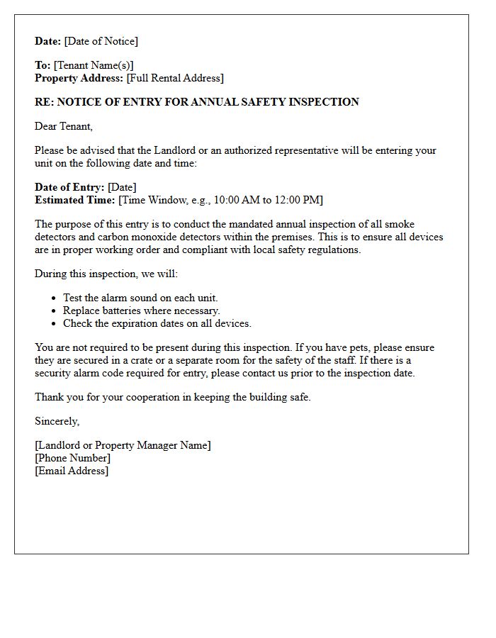 Landlord Entry Letter for Annual Smoke and Carbon Monoxide Detector Inspection