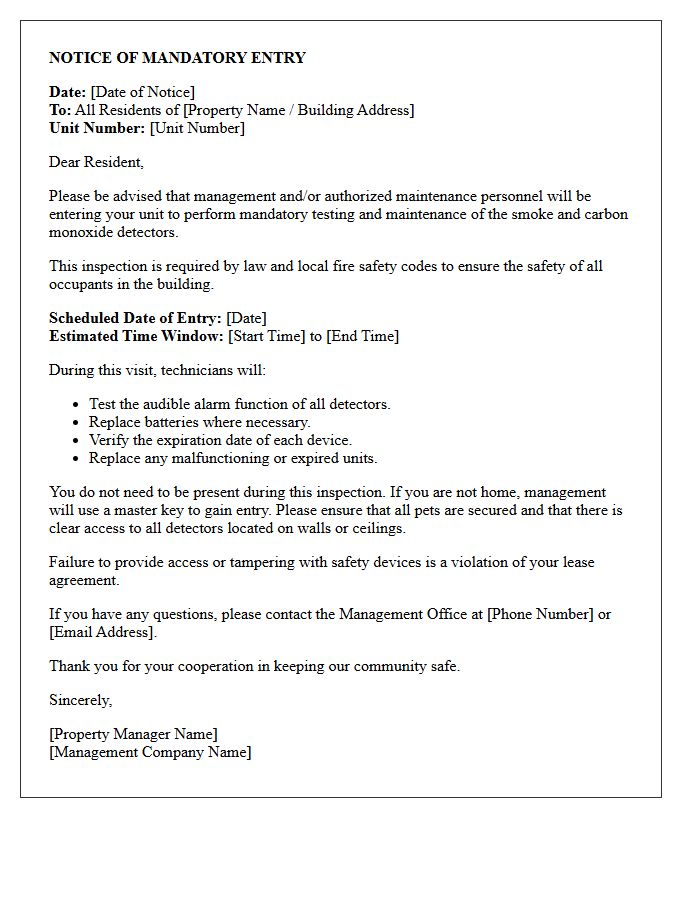 Mandatory Entry Letter for Smoke and Carbon Monoxide Detector Compliance Testing