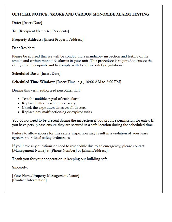 Official Notice Letter for Smoke and Carbon Monoxide Alarm Testing