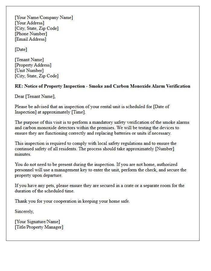 Property Inspection Letter for Smoke and Carbon Monoxide Alarm Verification