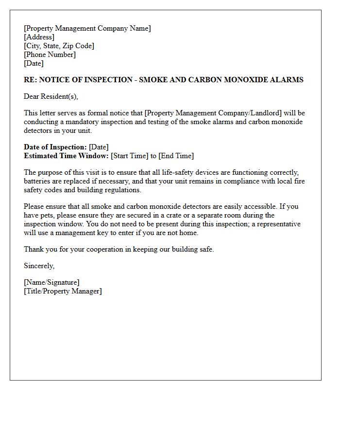 Property Management Letter for Smoke Alarm and Carbon Monoxide Detector Inspection