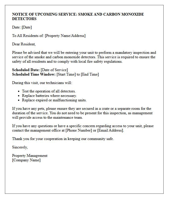 Residential Notice Letter for Smoke and Carbon Monoxide Detector Service