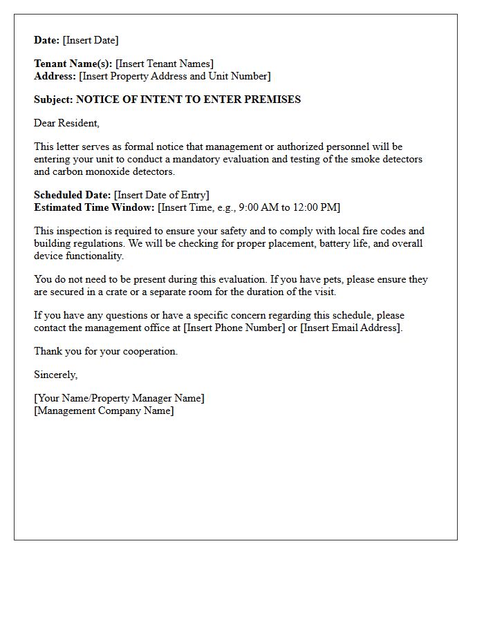Scheduled Entry Letter for Smoke and Carbon Monoxide Detector Evaluation