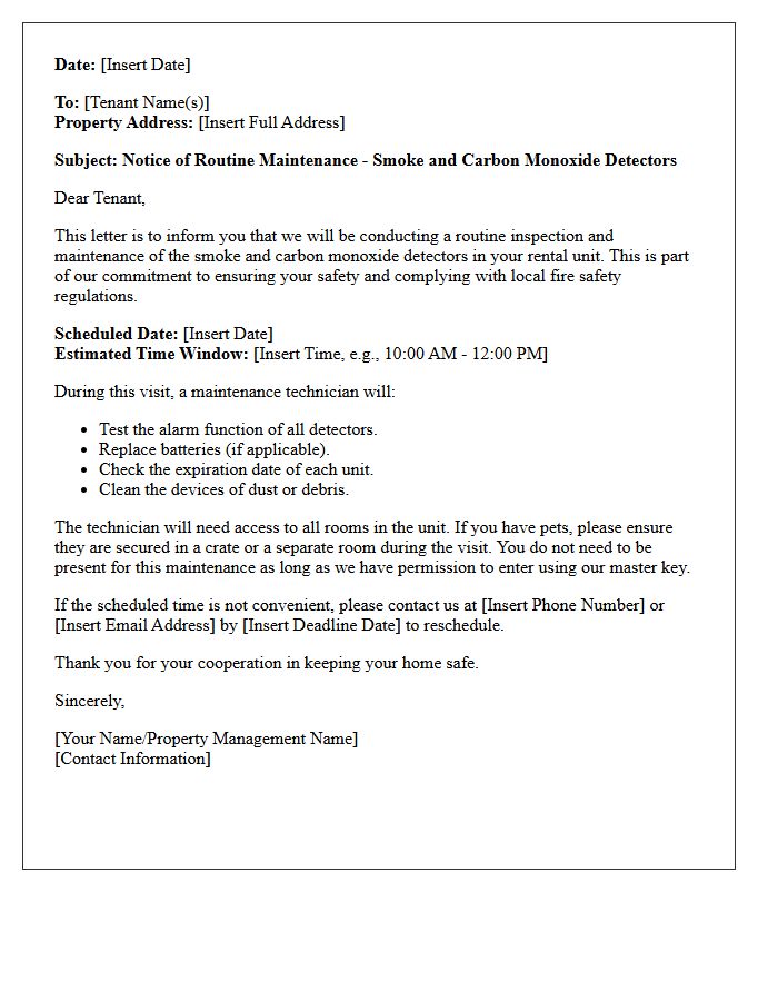 Tenant Notice Letter for Routine Smoke and Carbon Monoxide Detector Maintenance