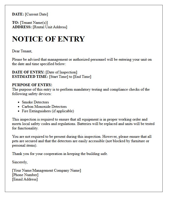 Twenty-Four Hour Notice of Entry Letter for Detector Testing and Compliance