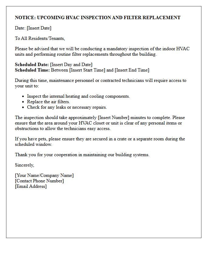 Advance Notice Letter for Indoor HVAC Inspection and Filter Update