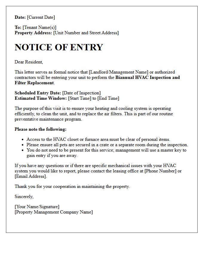 Biannual HVAC Inspection and Filter Replacement Notice of Entry Letter