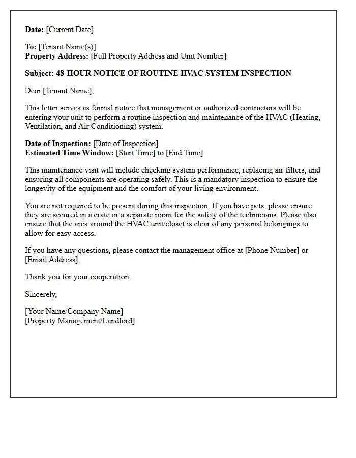 Forty-Eight Hour Notice Letter for Routine HVAC System Inspection