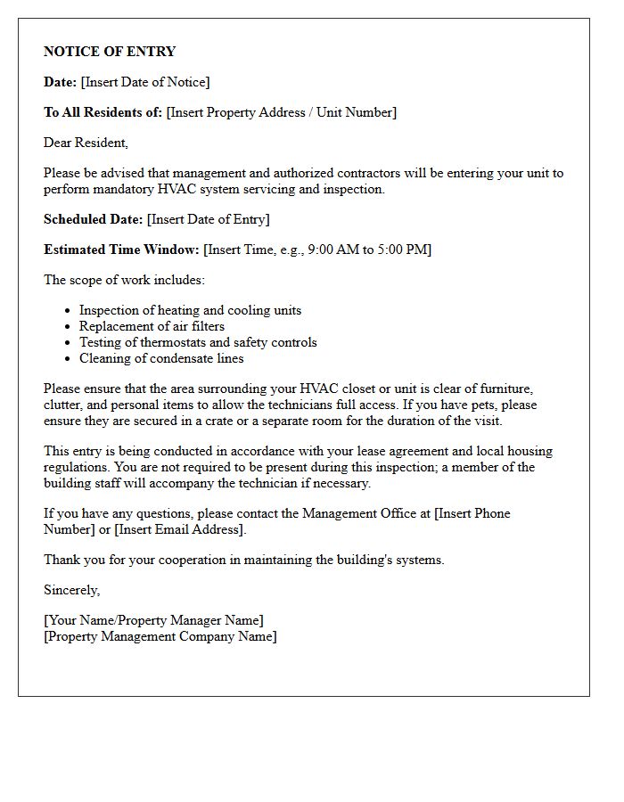 Mandatory Notice of Entry Letter for HVAC System Servicing and Inspection