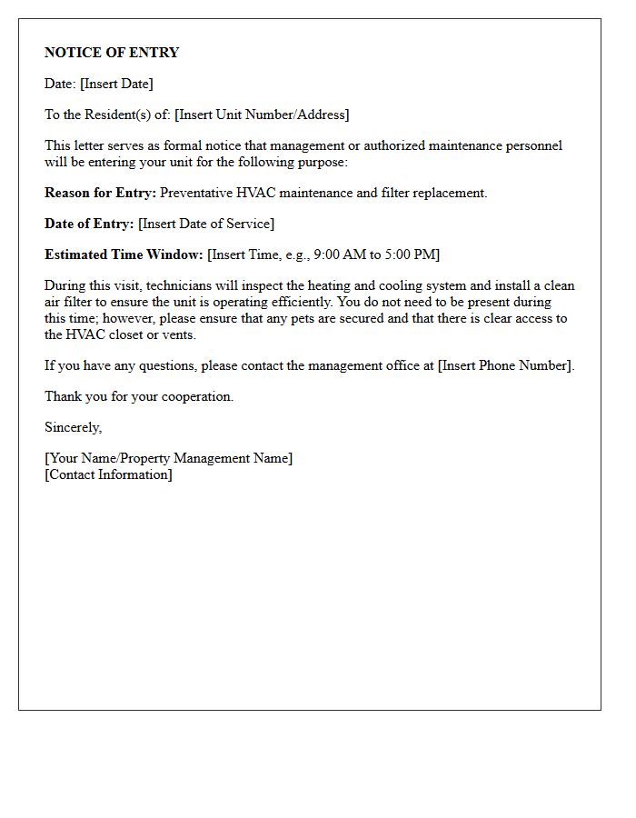 Notice of Entry Letter for Preventative HVAC Maintenance and Filter Swap