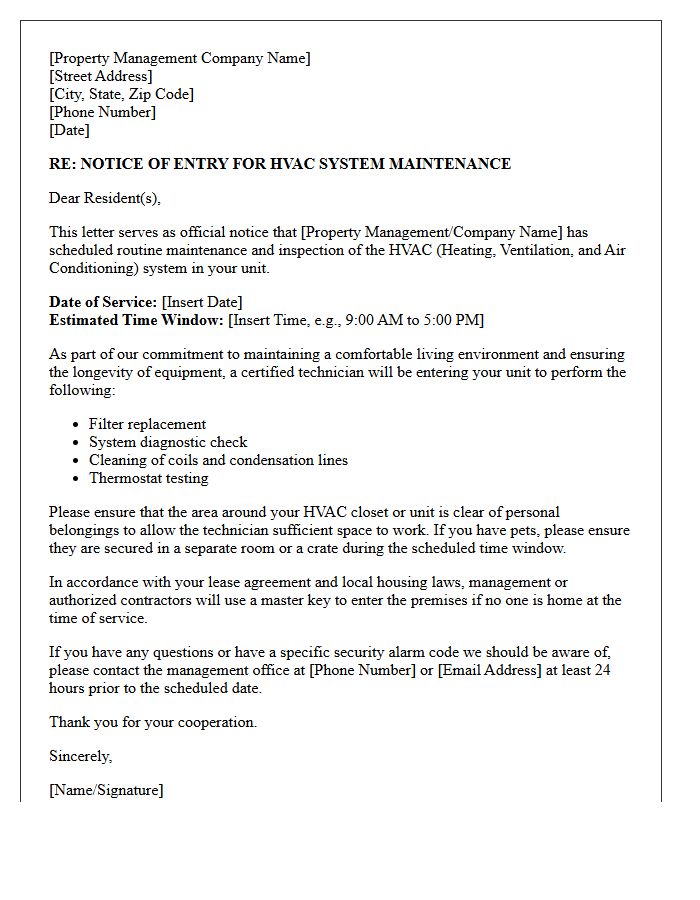 Official Property Management Letter for HVAC System Access and Maintenance