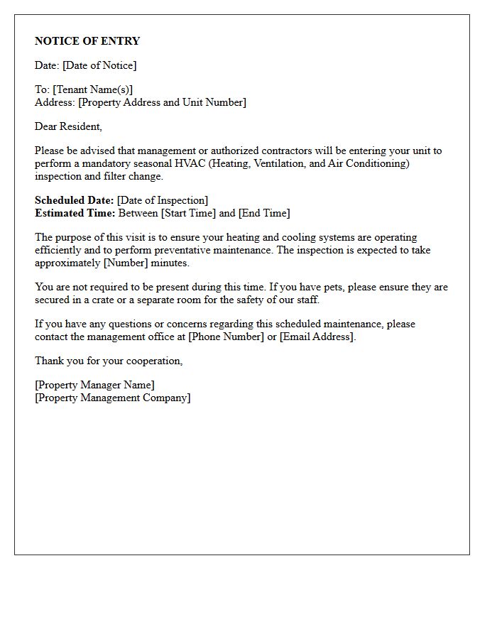 Property Management Notice of Entry for Seasonal HVAC Inspection Letter