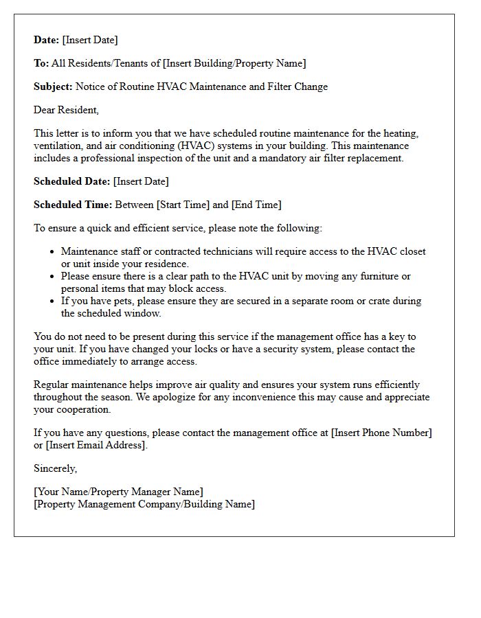 Routine HVAC System Maintenance and Filter Change Notice Letter