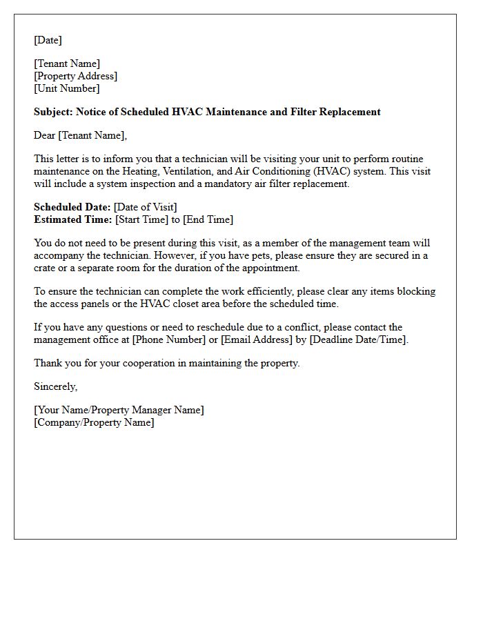 Scheduled HVAC Technician Visit and Filter Replacement Notice Letter