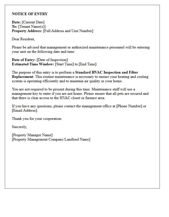 Standard Notice of Entry for HVAC Inspection and Filter Replacement Letter