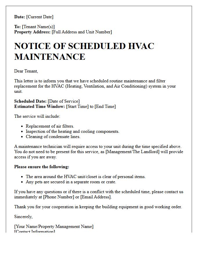 Tenant Notice Letter for Scheduled HVAC Filter Replacement and Servicing