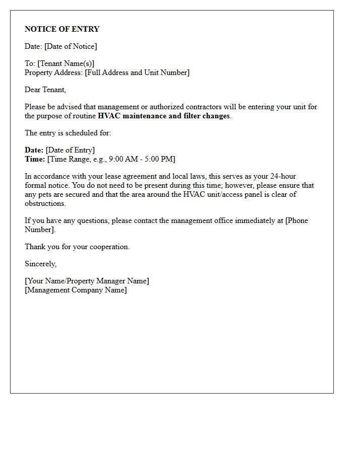 Twenty-Four Hour Notice of Entry Letter for HVAC Maintenance and Filter Change