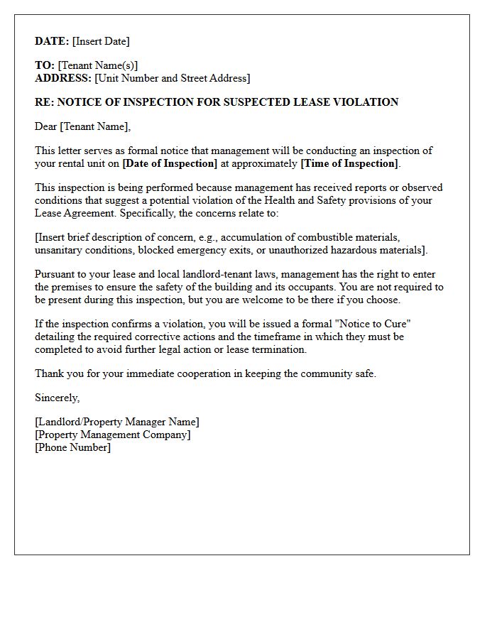 Health And Safety Suspected Lease Violation Inspection Letter