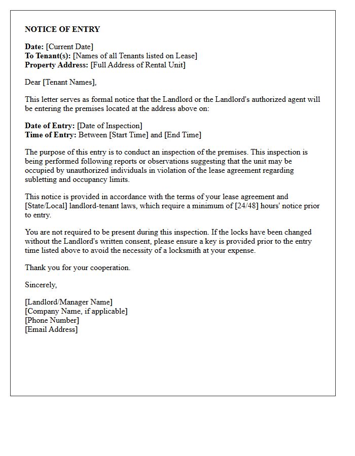 Illegal Subletting Suspected Violation Entry Notice Letter