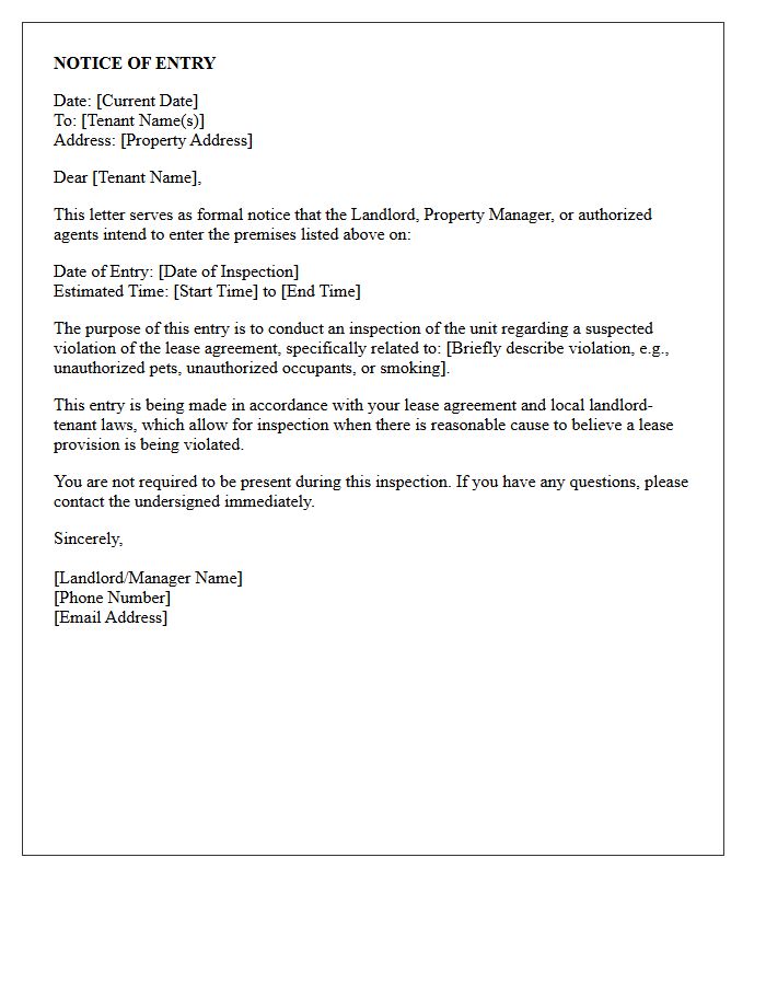 Notice Of Entry For Suspected Lease Violation Inspection Letter